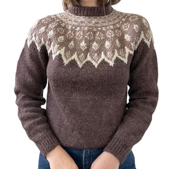 Vintage Womens Hand Knit 100% Wool Brown Fair Isle Scandinavian Sweater Sz M - Picture 2 of 10